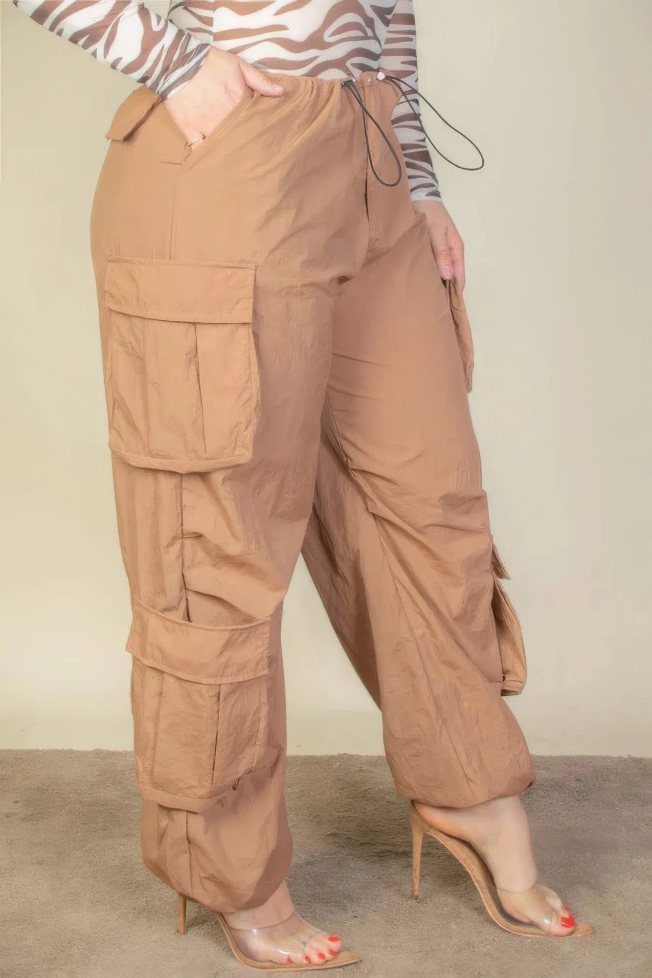 Plus Size Women Flap Pockets Drawstring Ruched Parachute Pants