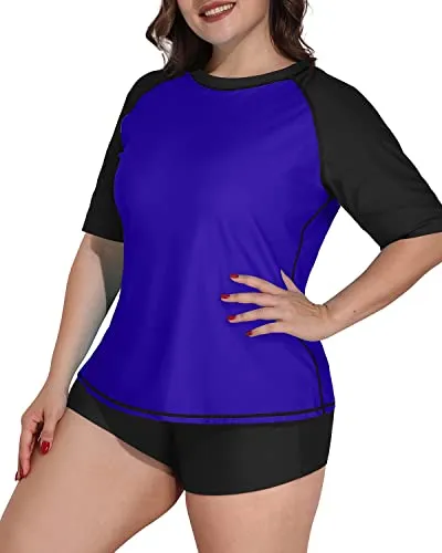 Plus Size Women's Protective Rashguard Swimsuit-Blue