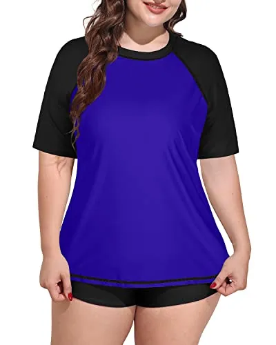 Plus Size Women's Protective Rashguard Swimsuit-Blue