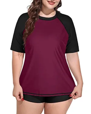 Plus Size Women's Uv Protection Rash Guard Swimsuit-Maroon