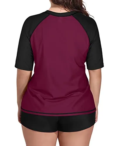 Plus Size Women's Uv Protection Rash Guard Swimsuit-Maroon