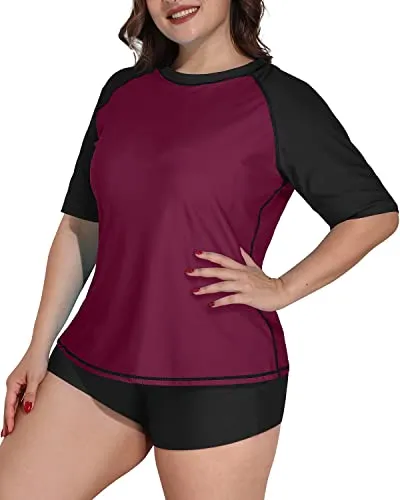 Plus Size Women's Uv Protection Rash Guard Swimsuit-Maroon