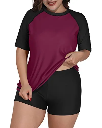 Plus Size Women's Uv Protection Rash Guard Swimsuit-Maroon