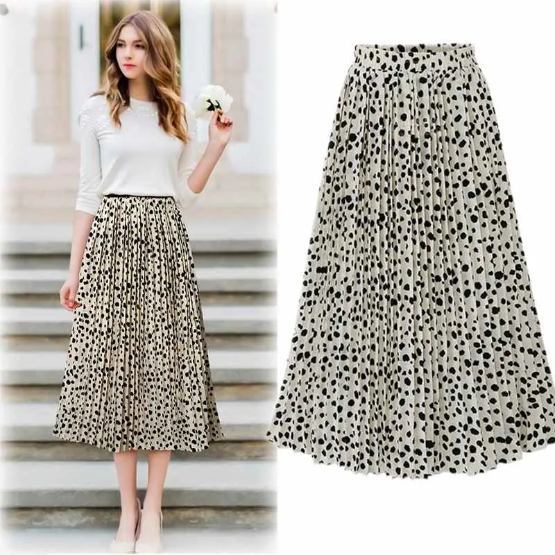 Polka Dot Chiffon Pleated Long Skirt