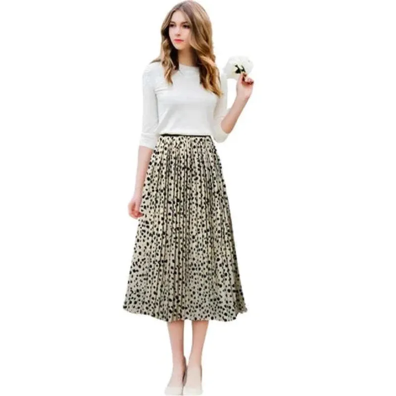 Polka Dot Chiffon Pleated Long Skirt