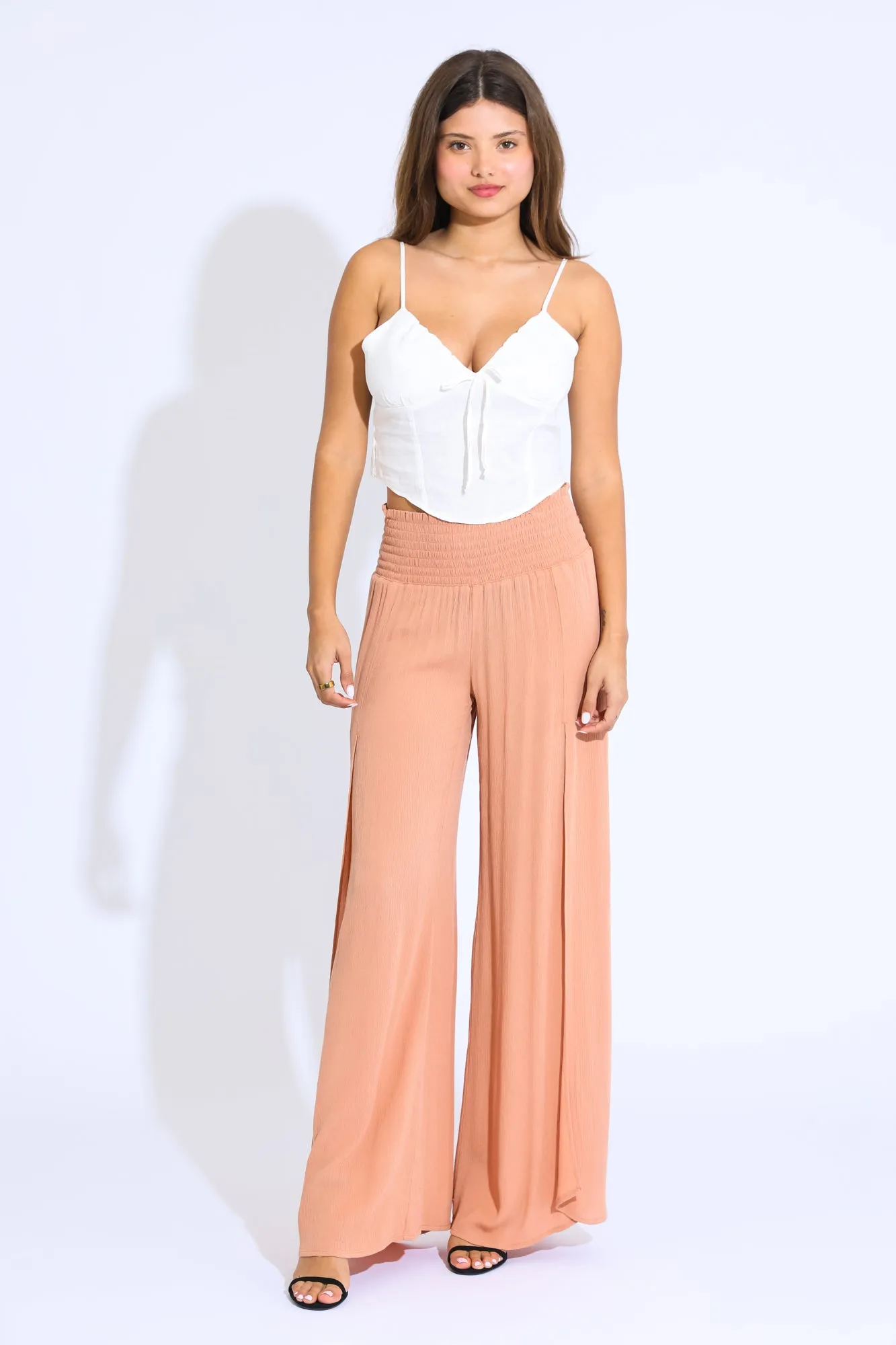 SMOCKED FRONT WRAP WIDE LEG PANT - EVENING SAND