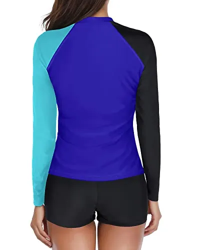 Sun Protection Swim Shirt With Shorts Two Piece Rash Guard Bathing Suit-Black Blue Splicing