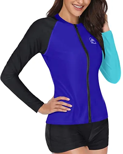 Sun Protection Swim Shirt With Shorts Two Piece Rash Guard Bathing Suit-Black Blue Splicing