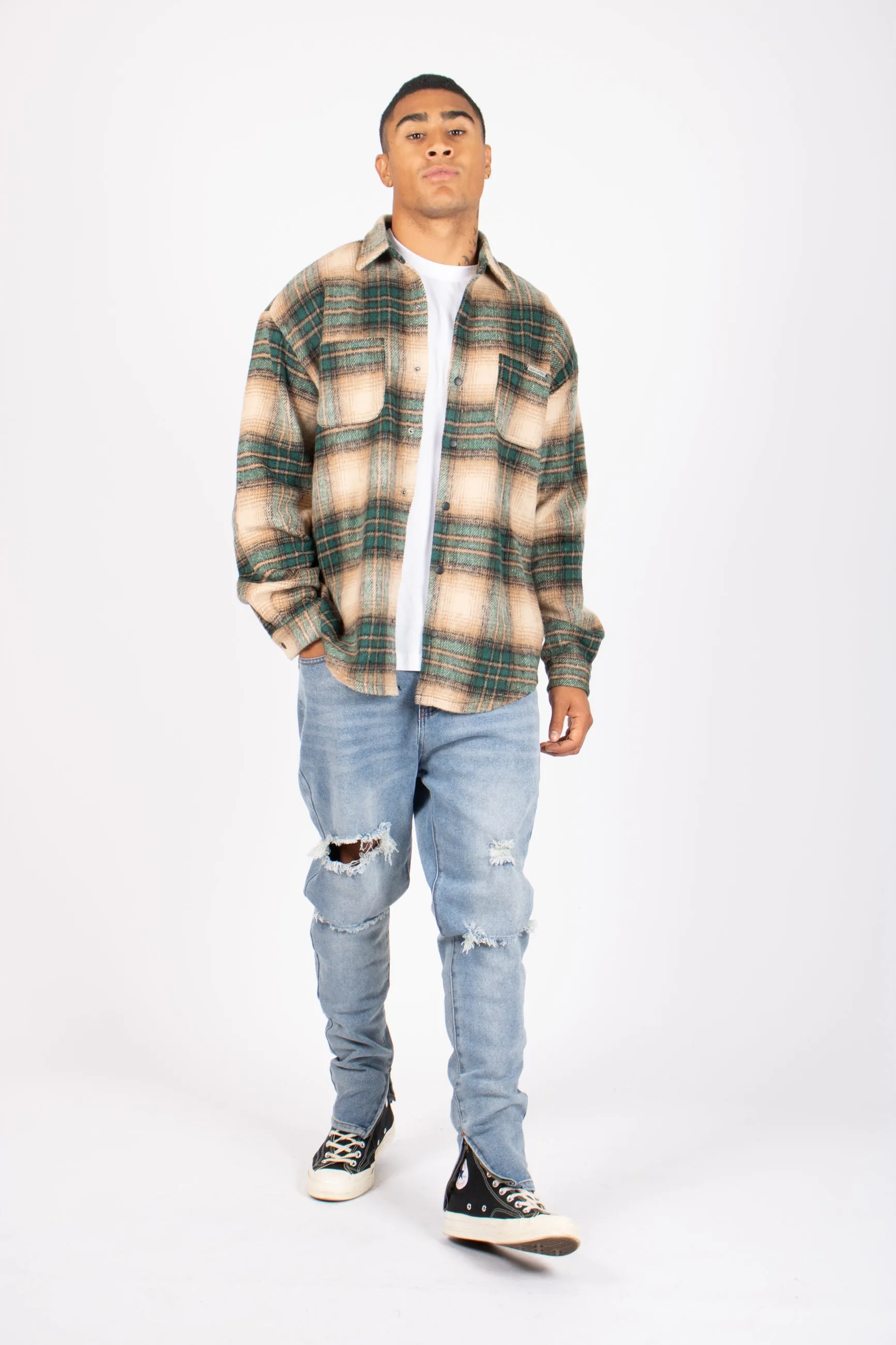 Utility Flannel Overshirt in Beige and Green