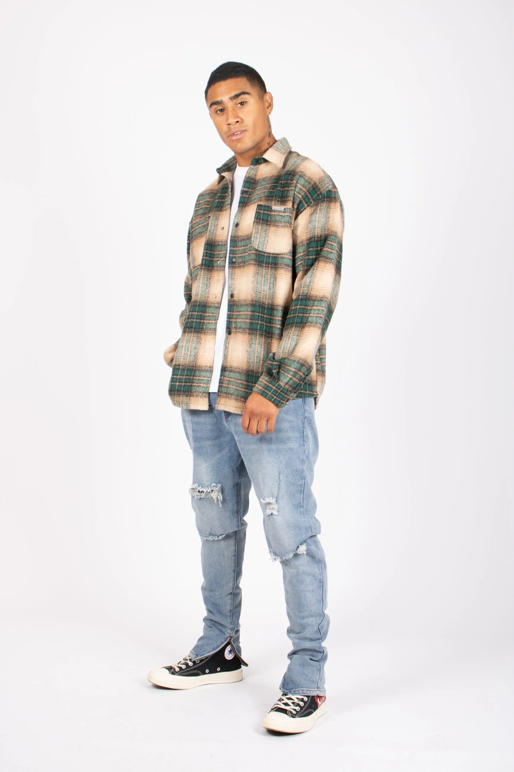 Utility Flannel Overshirt in Beige and Green