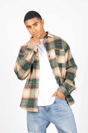 Utility Flannel Overshirt in Beige and Green