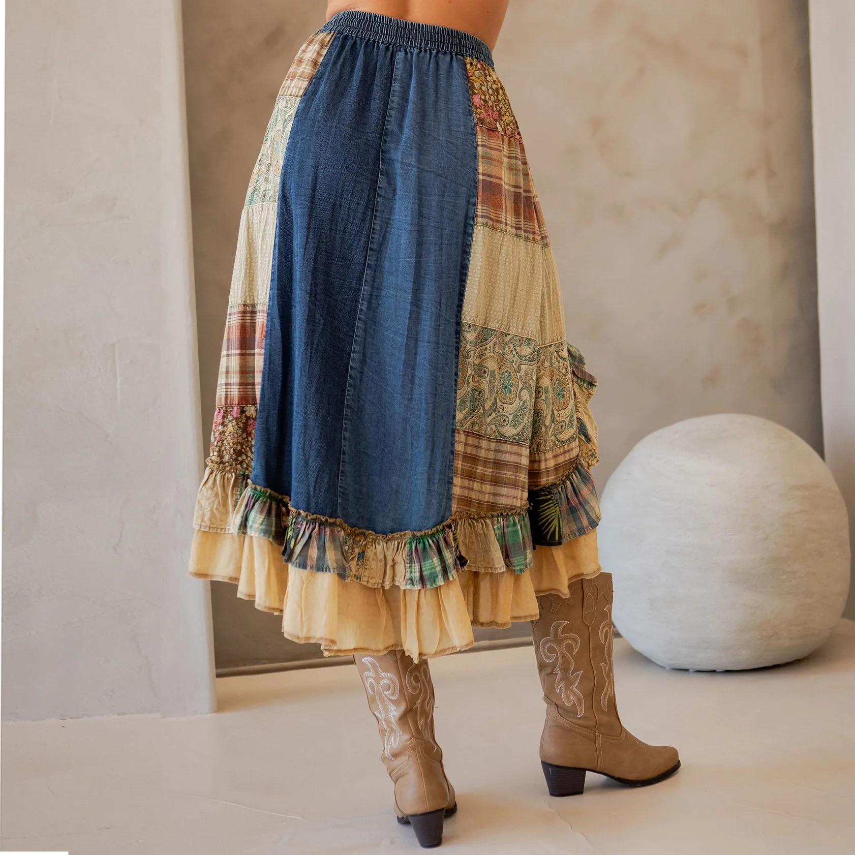 Western Boho Chic Patchwork Midi Skirt