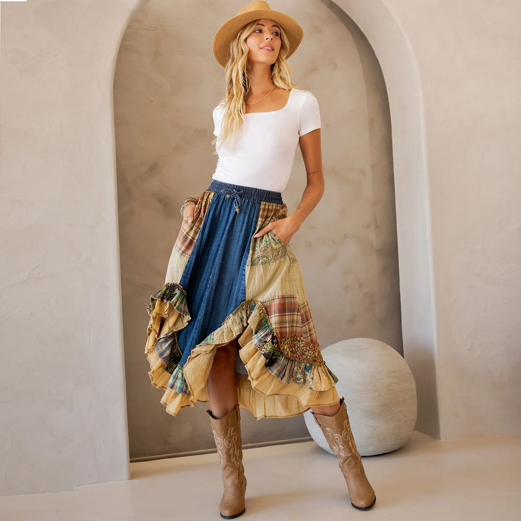 Western Boho Chic Patchwork Midi Skirt