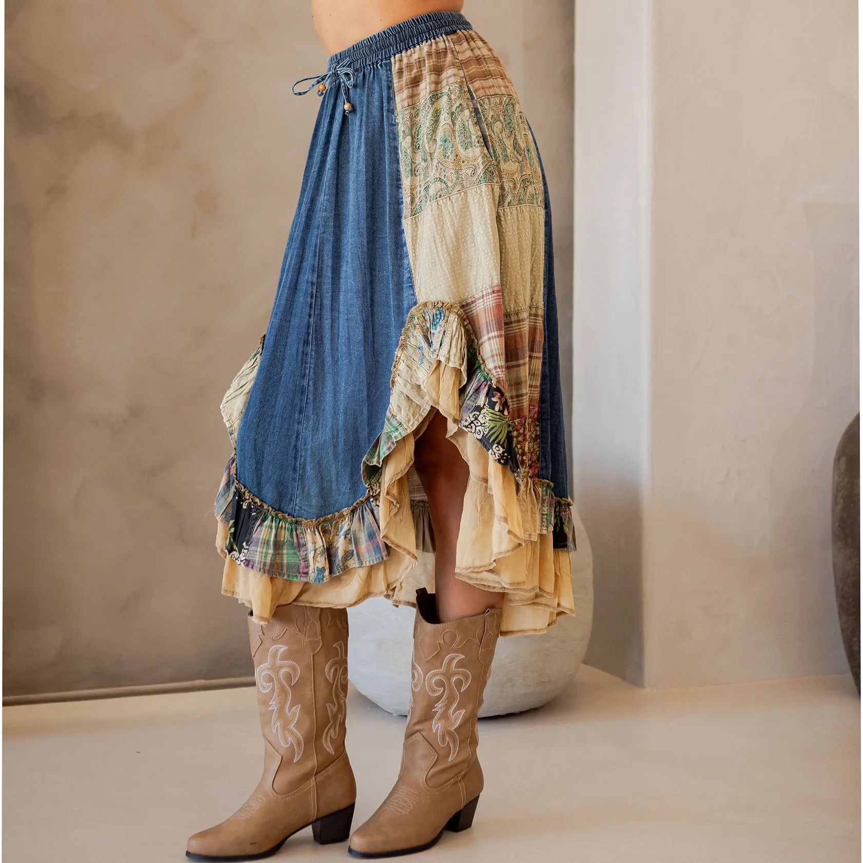 Western Boho Chic Patchwork Midi Skirt