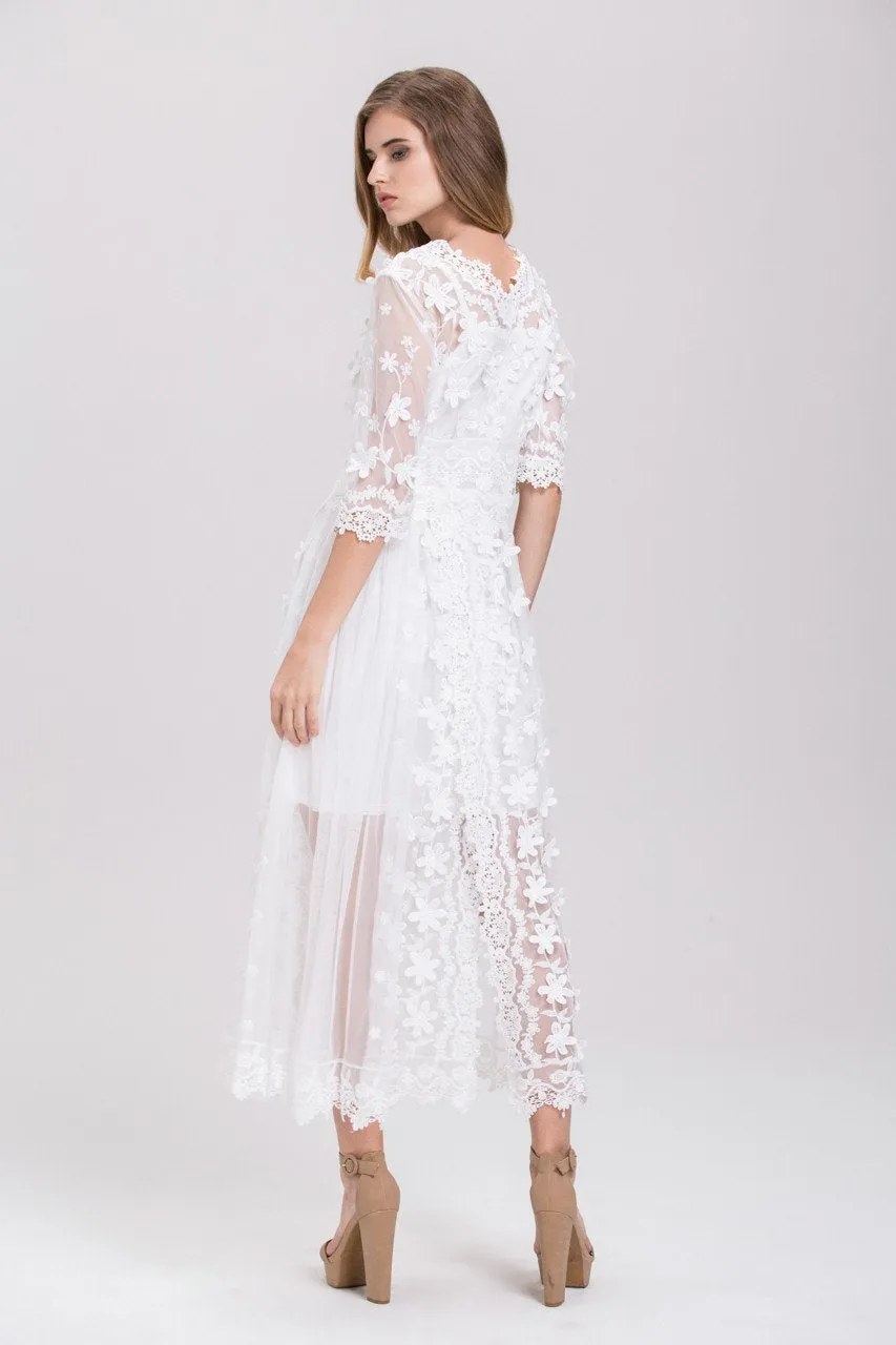 White Soft Tulle Guipure Lace Trim Layered Midi Dress