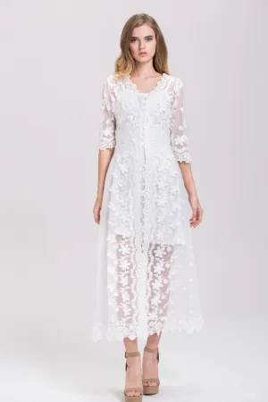 White Soft Tulle Guipure Lace Trim Layered Midi Dress