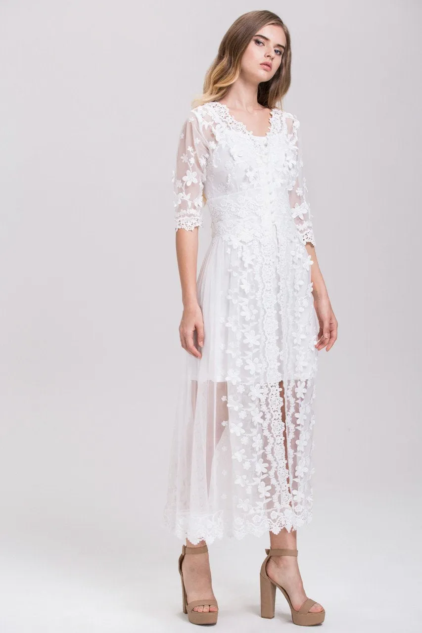 White Soft Tulle Guipure Lace Trim Layered Midi Dress