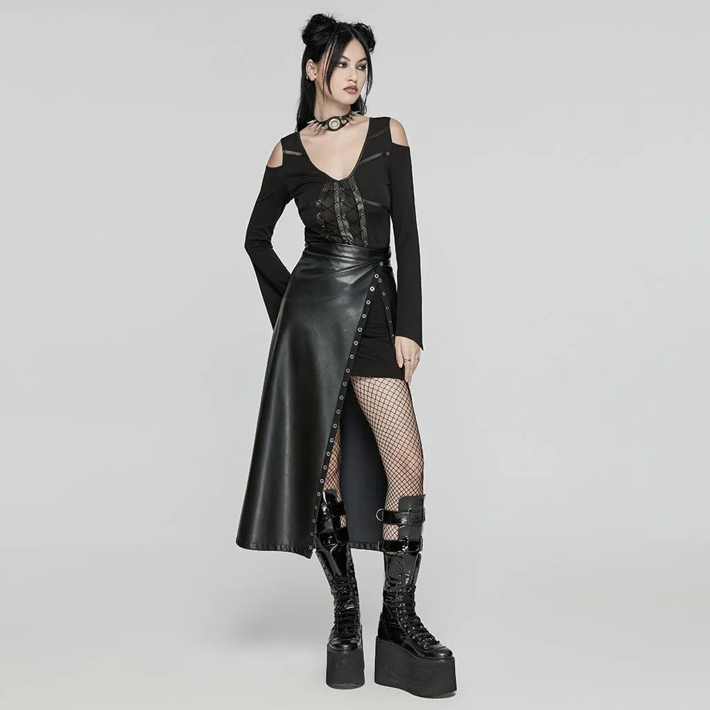 Women's Punk Eyelet Split Faux Leather Skirt