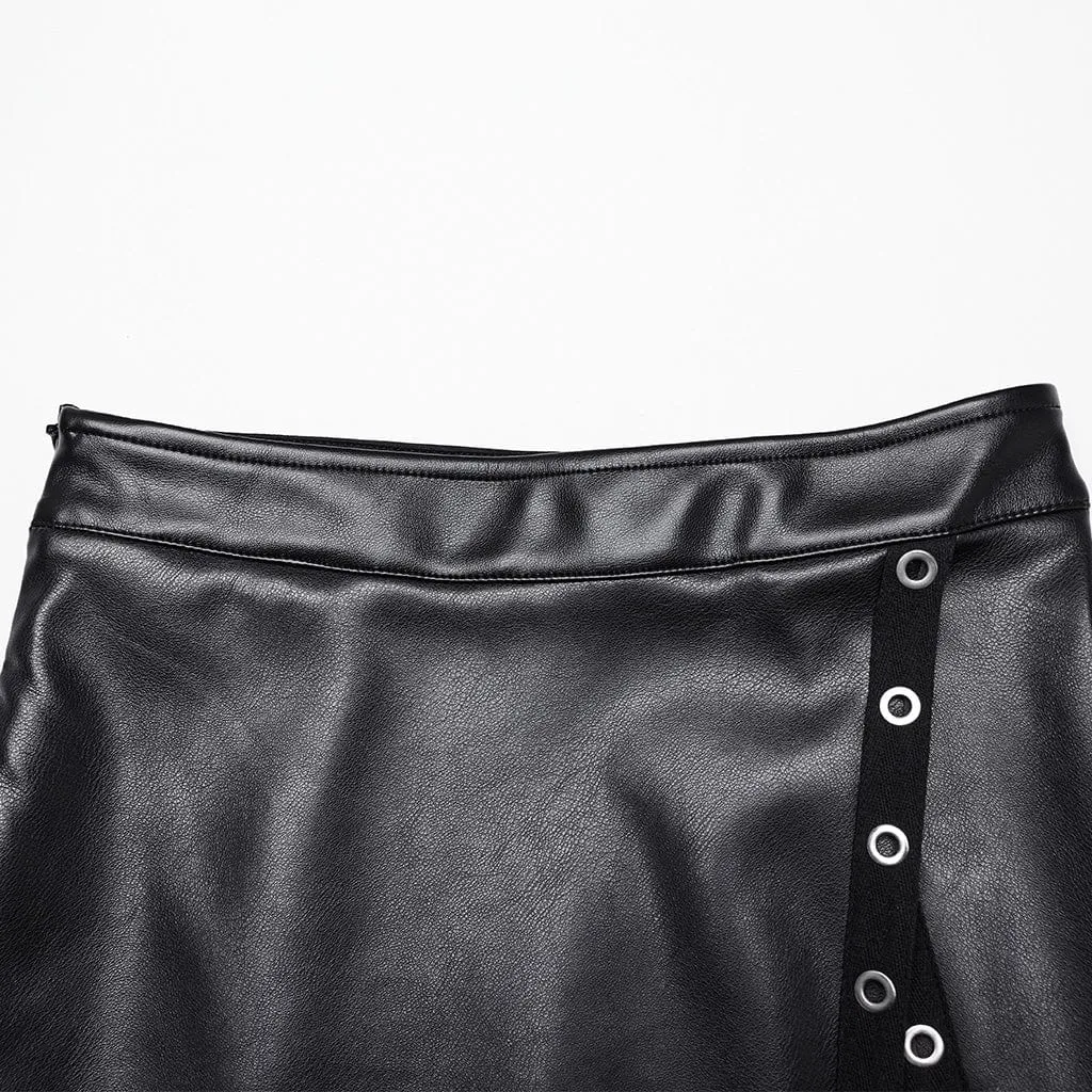 Women's Punk Eyelet Split Faux Leather Skirt