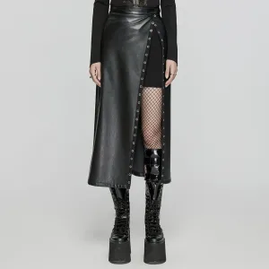 Women's Punk Eyelet Split Faux Leather Skirt