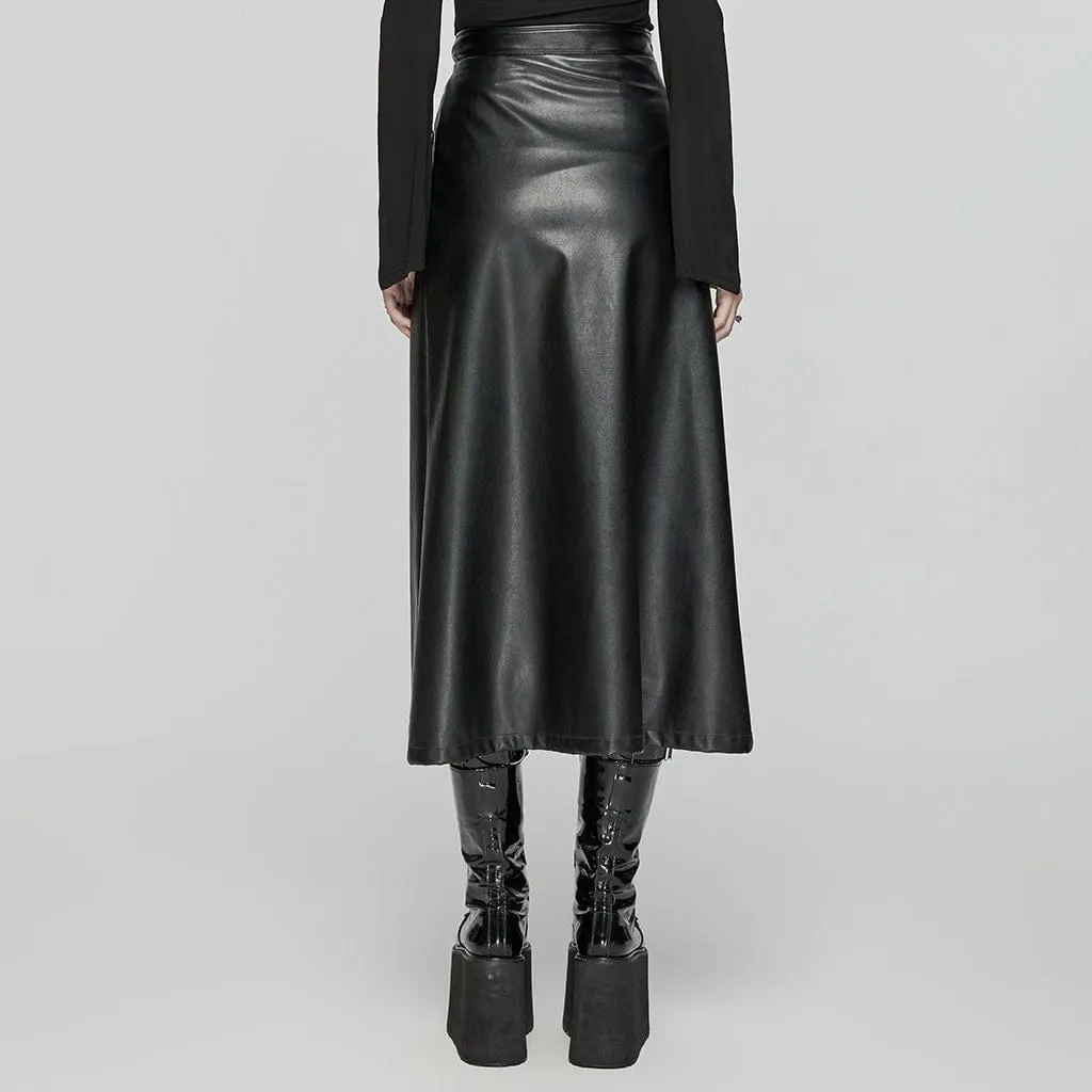 Women's Punk Eyelet Split Faux Leather Skirt