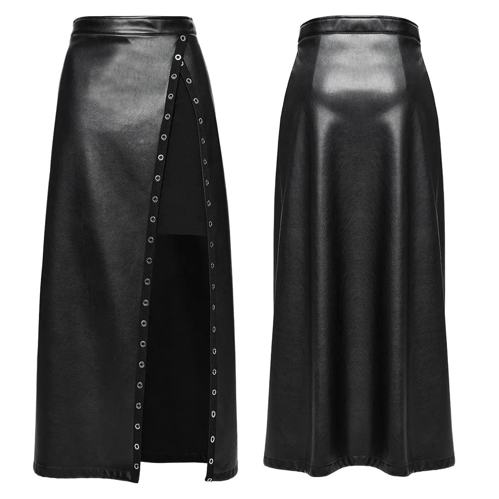 Women's Punk Eyelet Split Faux Leather Skirt