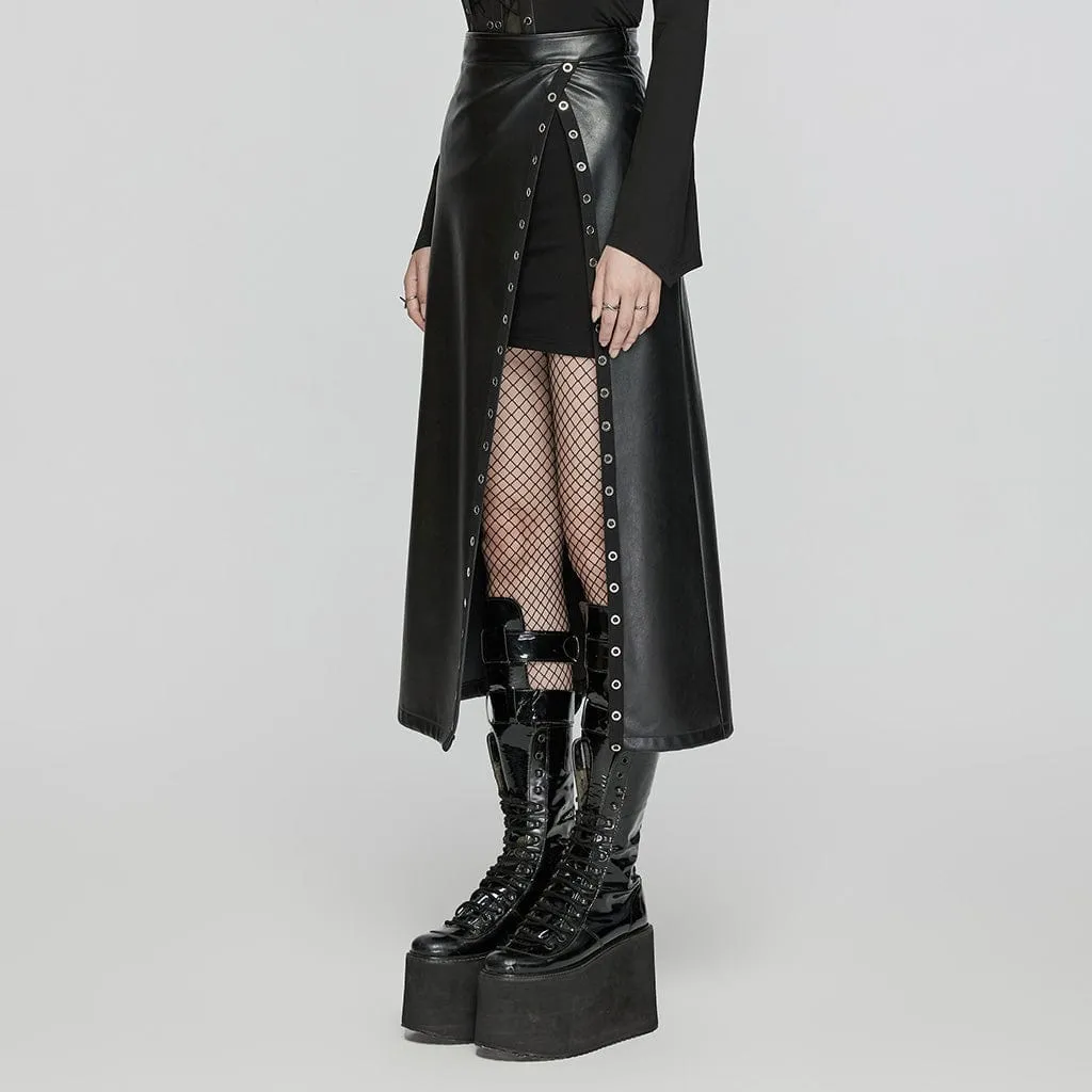 Women's Punk Eyelet Split Faux Leather Skirt